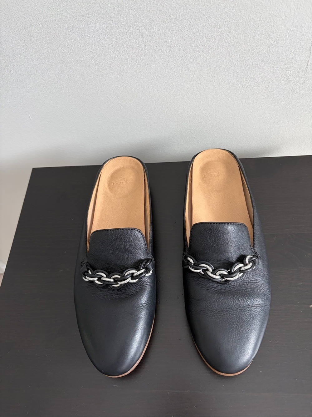 Dansko Black Leather Chain-Trim Slip-On Mules, Size 41.